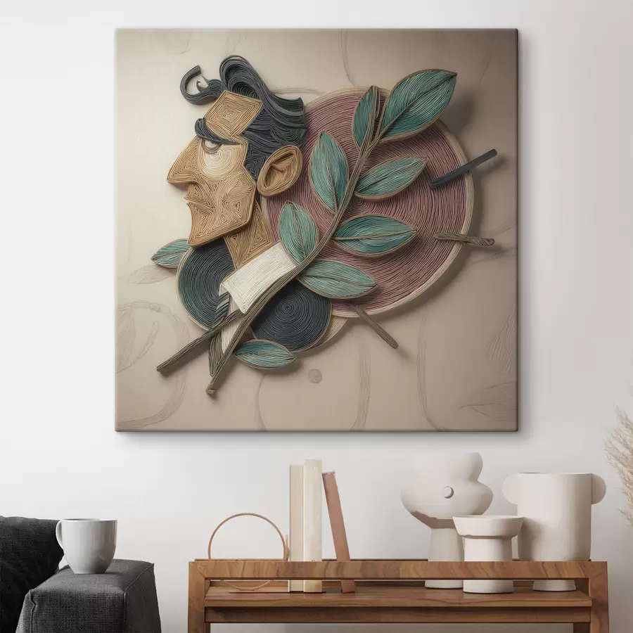 Tablouri Portret abstract al unui bărbat cu o ramură frunzoasă, realizat într-un stil de ilustrație cu textură s49711