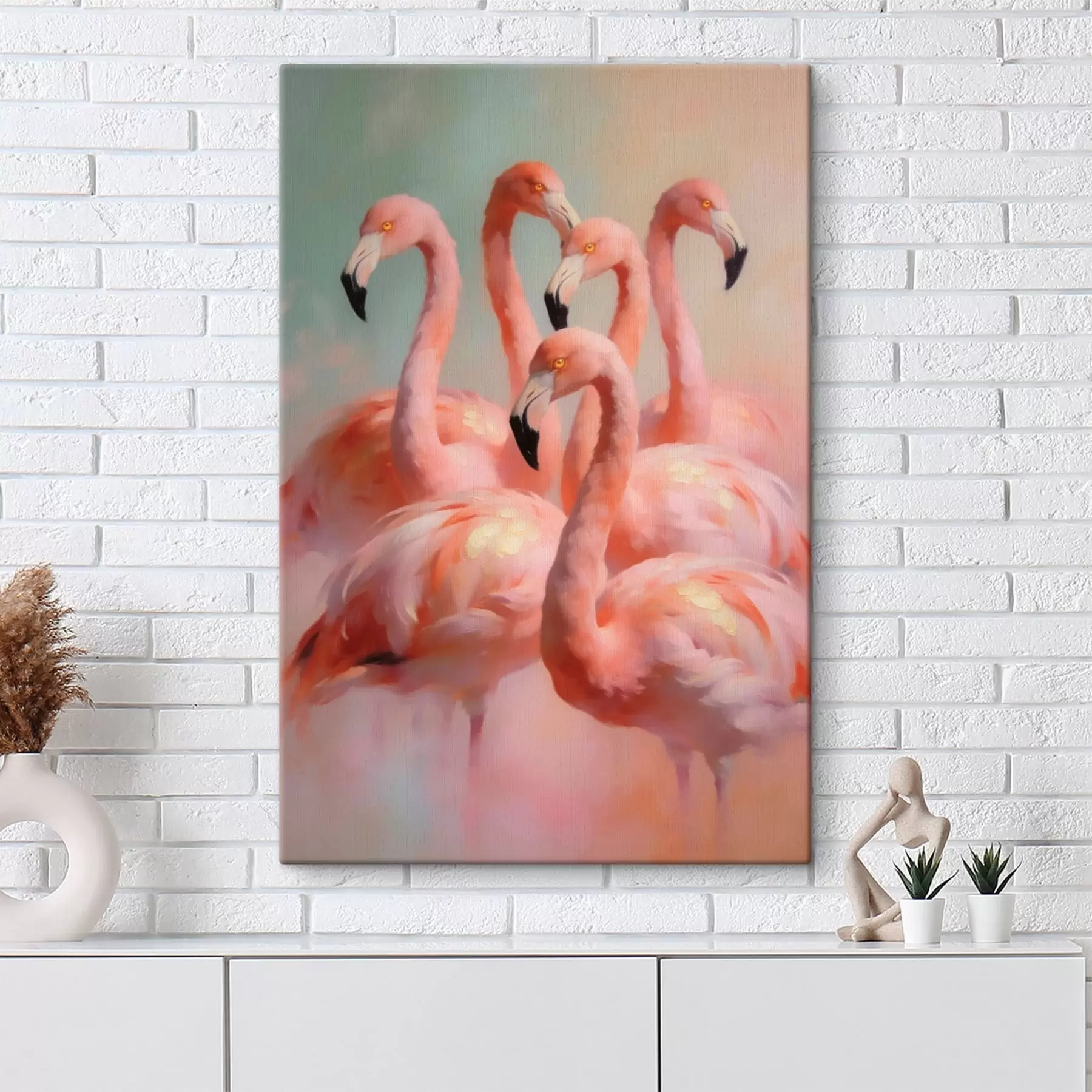 Tablouri Flamingo roz în nuanțe pastelate delicate, în stilul picturii în ulei s49726