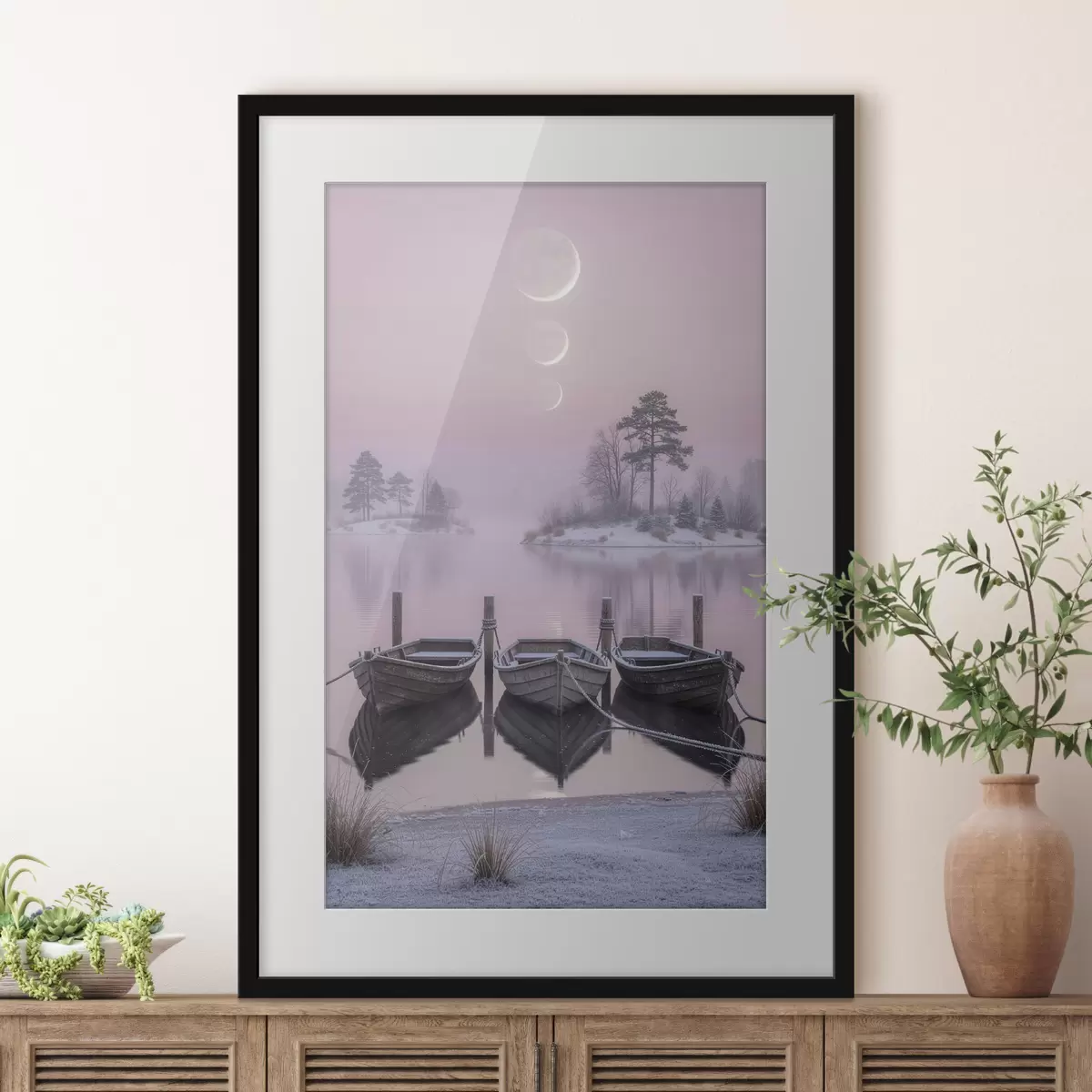 Poster Peisaj cu un lac, bărci și fazele lunii, în stilul picturii pastelate f49724