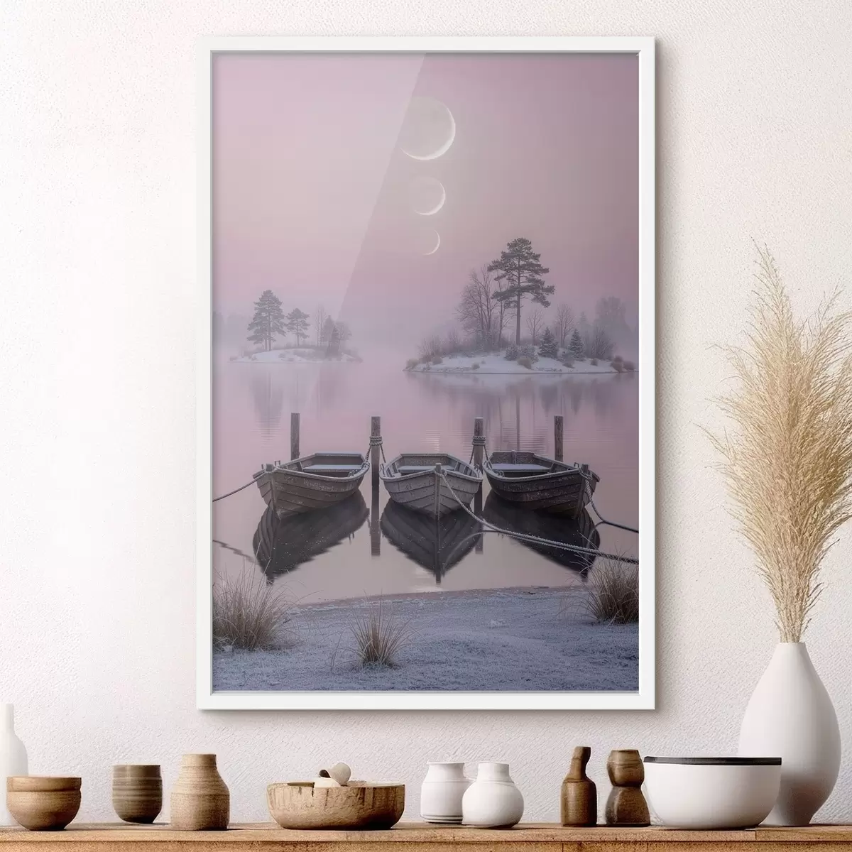 Poster Peisaj cu un lac, bărci și fazele lunii, în stilul picturii pastelate f49724