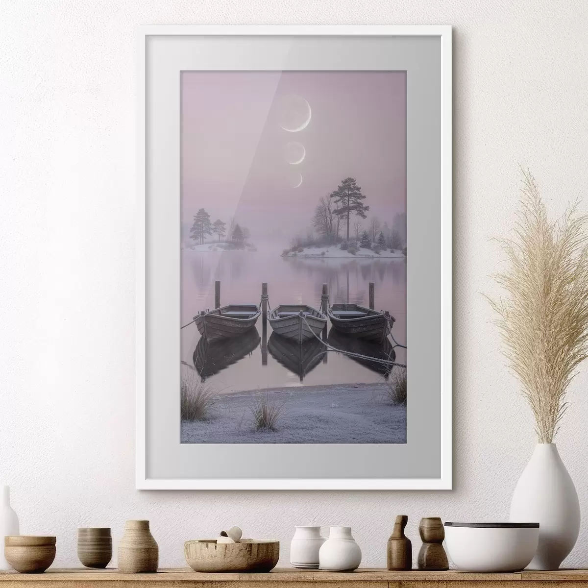 Poster Peisaj cu un lac, bărci și fazele lunii, în stilul picturii pastelate f49724