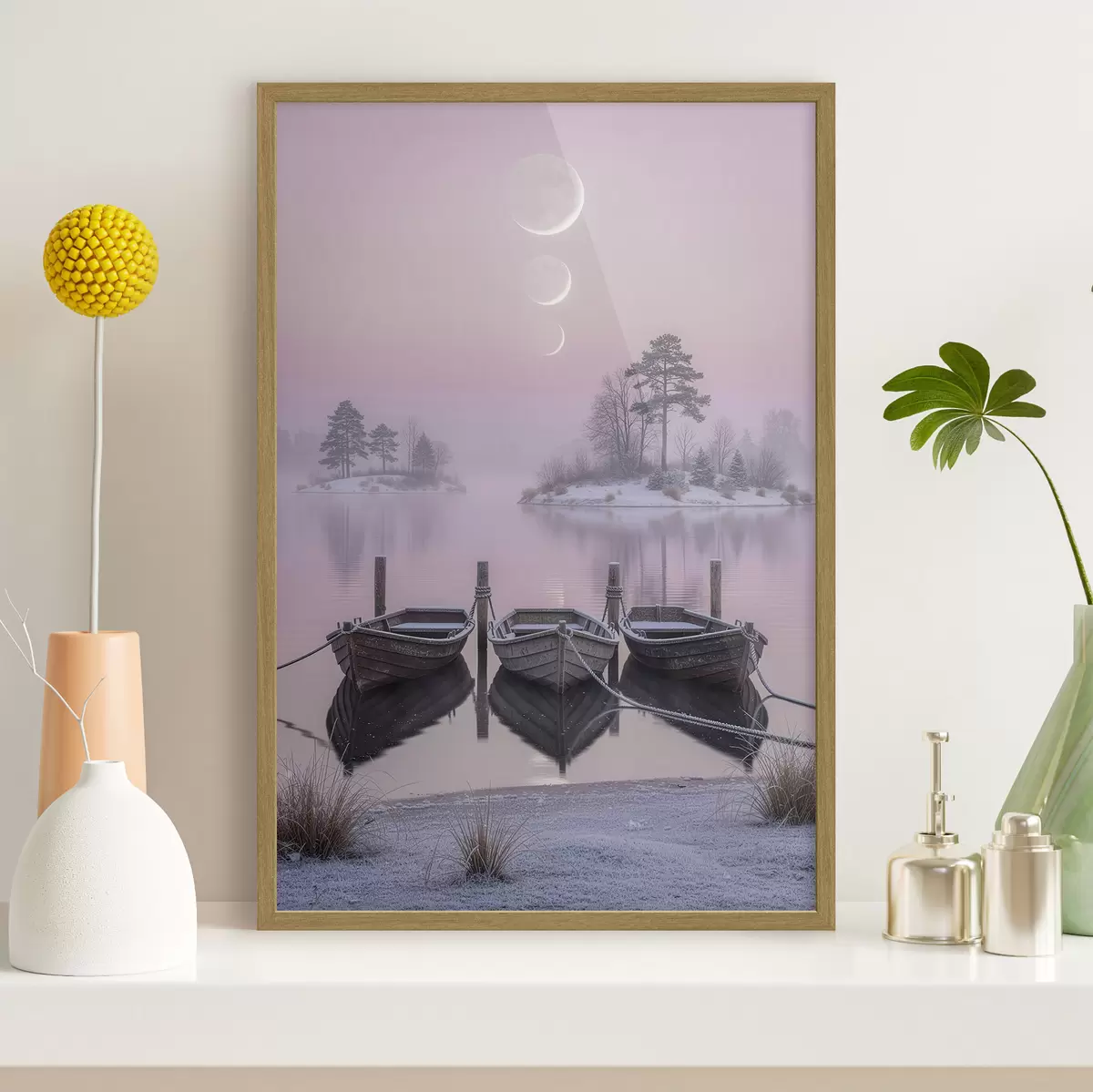 Poster Peisaj cu un lac, bărci și fazele lunii, în stilul picturii pastelate f49724