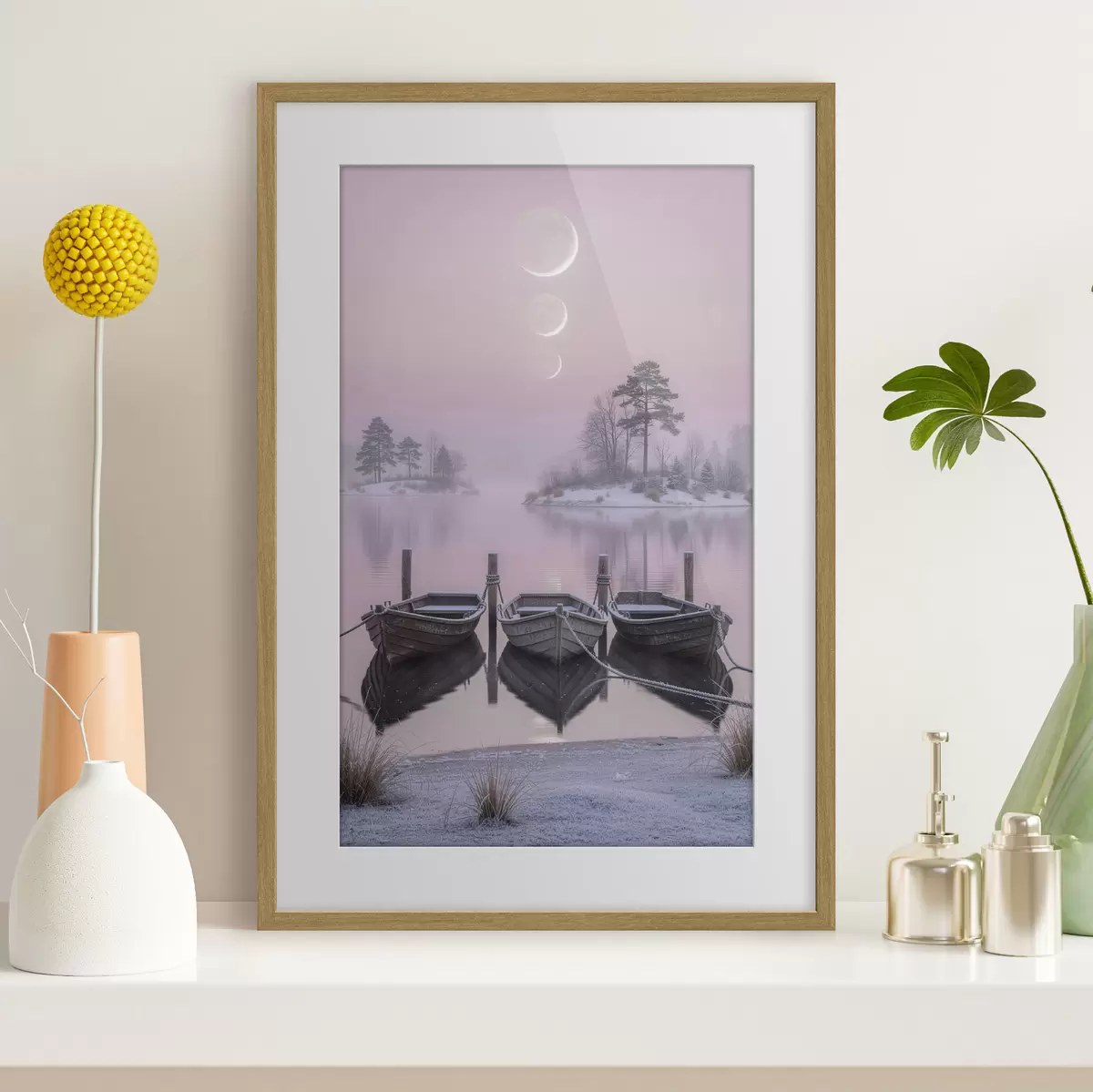 Poster Peisaj cu un lac, bărci și fazele lunii, în stilul picturii pastelate f49724