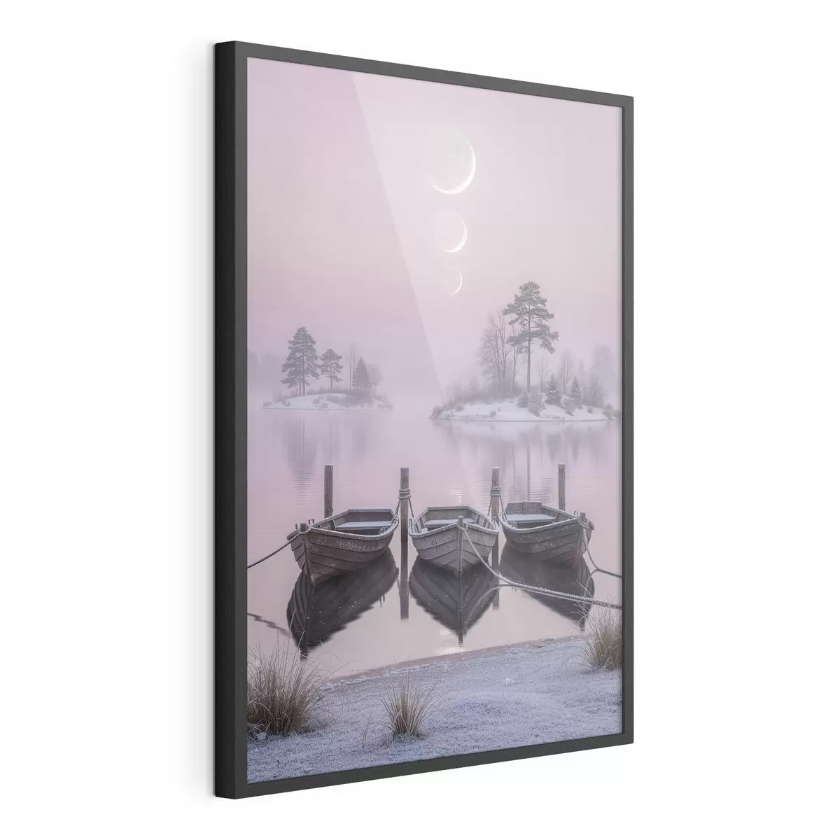 Poster Peisaj cu un lac, bărci și fazele lunii, în stilul picturii pastelate f49724