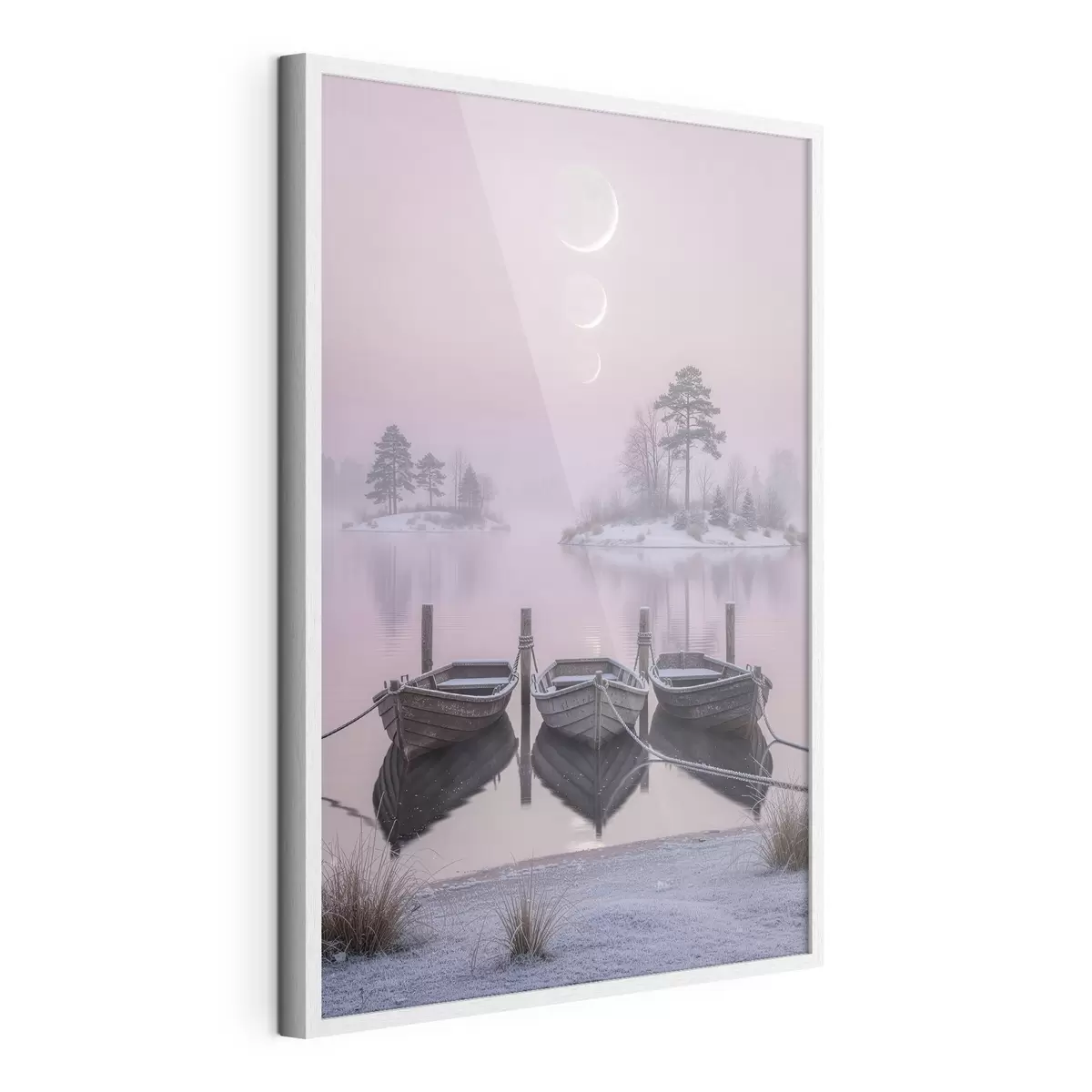 Poster Peisaj cu un lac, bărci și fazele lunii, în stilul picturii pastelate f49724