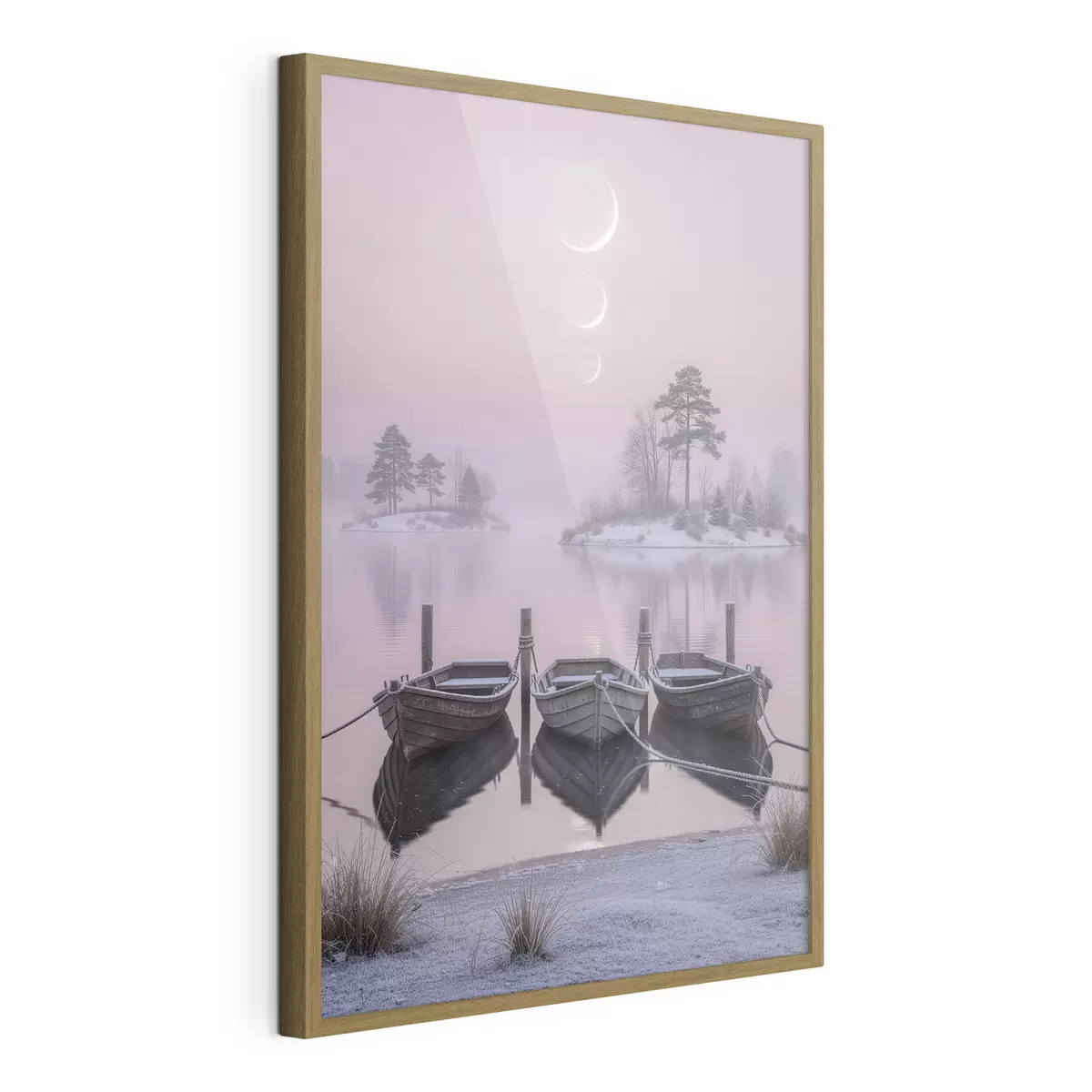 Poster Peisaj cu un lac, bărci și fazele lunii, în stilul picturii pastelate f49724
