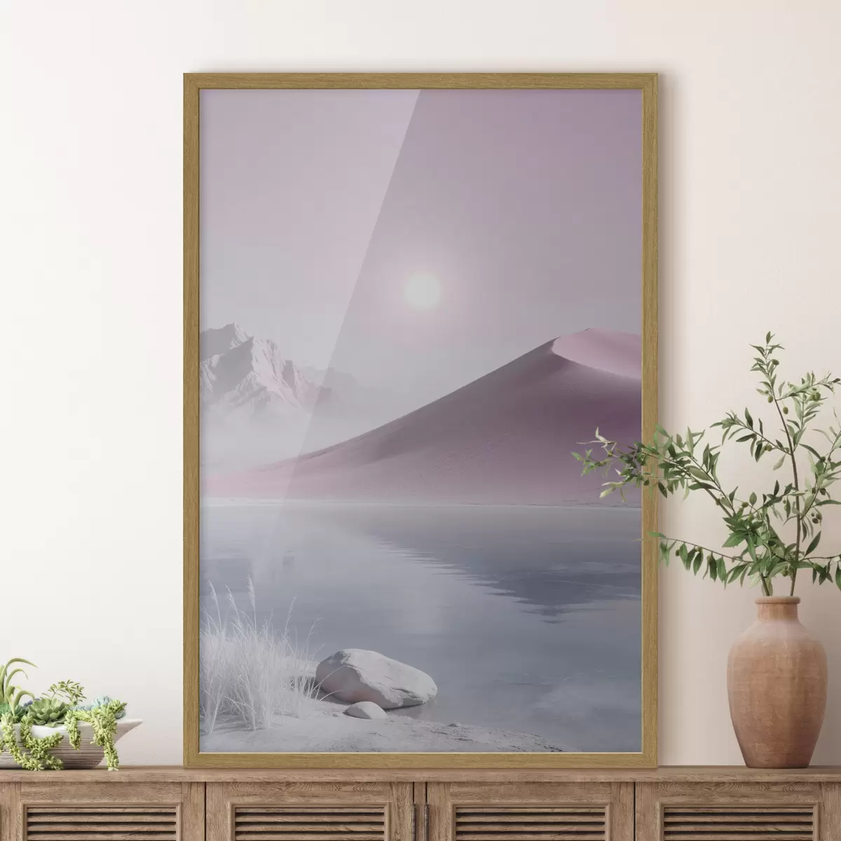 Poster Lac de munte lângă un deal nisipos, în nuanțe pastelate f49725
