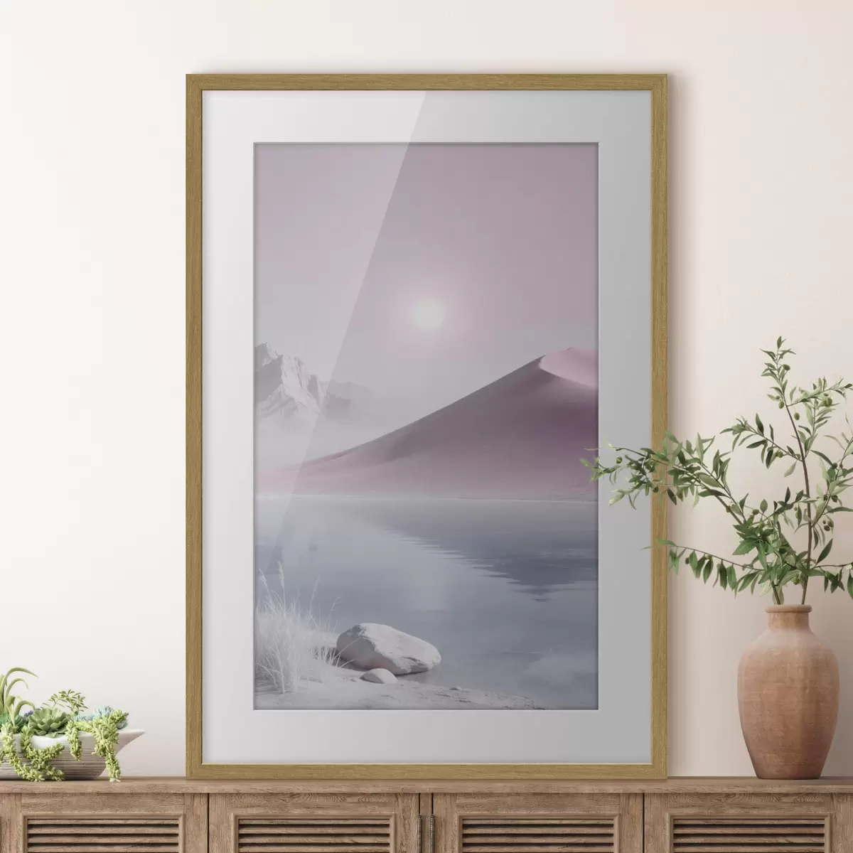 Poster Lac de munte lângă un deal nisipos, în nuanțe pastelate f49725