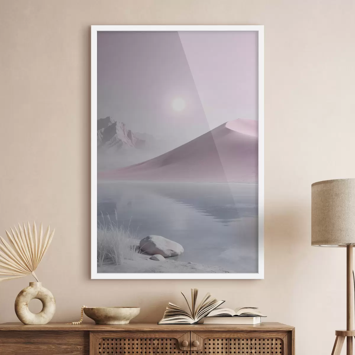 Poster Lac de munte lângă un deal nisipos, în nuanțe pastelate f49725