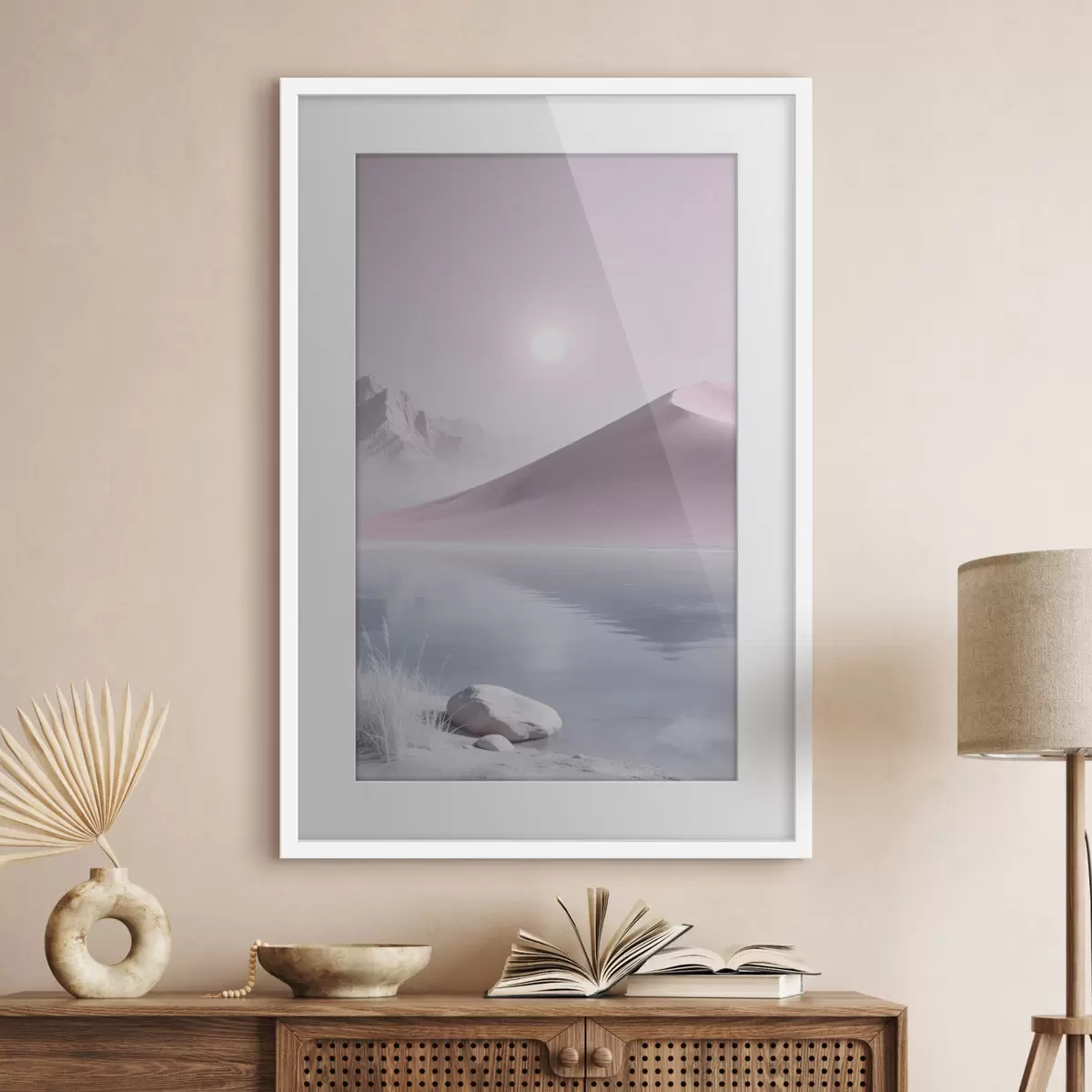 Poster Lac de munte lângă un deal nisipos, în nuanțe pastelate f49725
