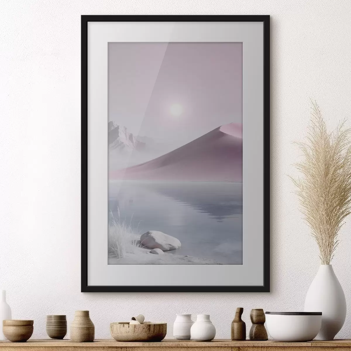 Poster Lac de munte lângă un deal nisipos, în nuanțe pastelate f49725