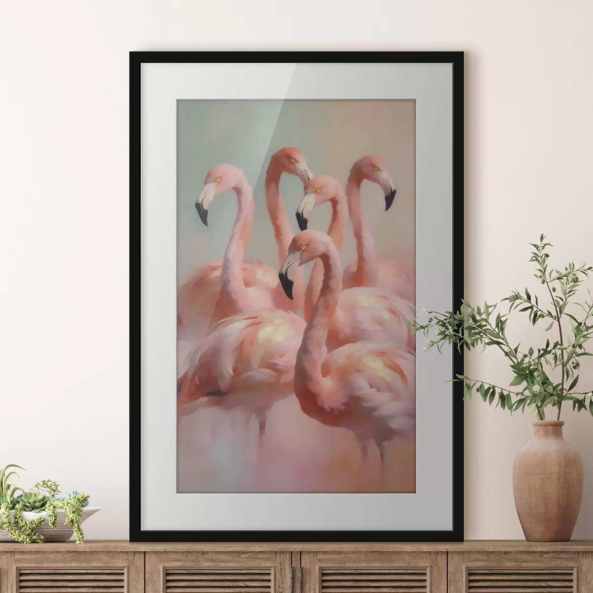 Poster Flamingo roz în nuanțe pastelate delicate, în stilul picturii în ulei f49726