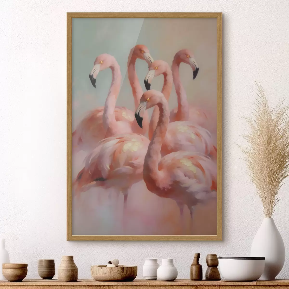 Poster Flamingo roz în nuanțe pastelate delicate, în stilul picturii în ulei f49726
