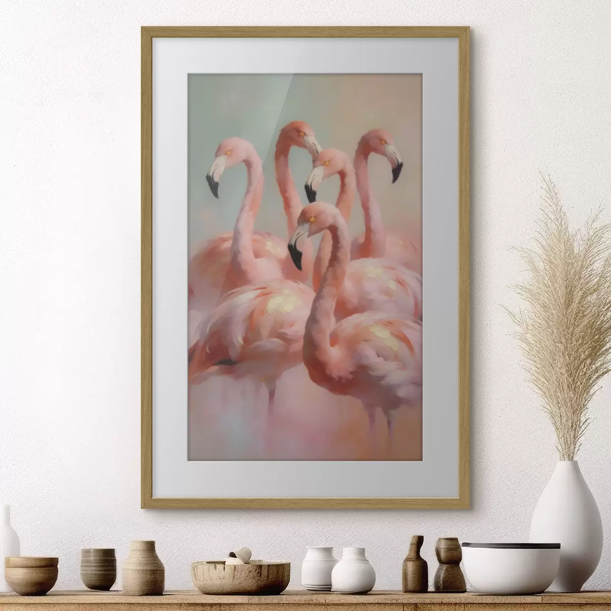 Poster Flamingo roz în nuanțe pastelate delicate, în stilul picturii în ulei f49726