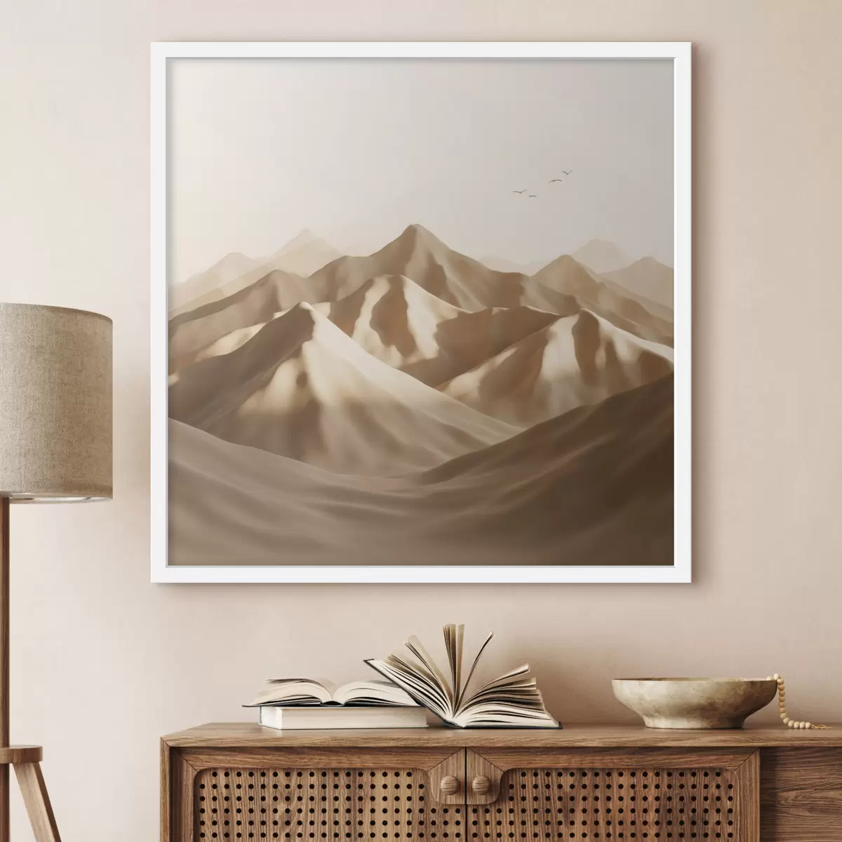 Poster Dune de nisip abstracte cu siluete de păsări în nuanțe pastelate f49729