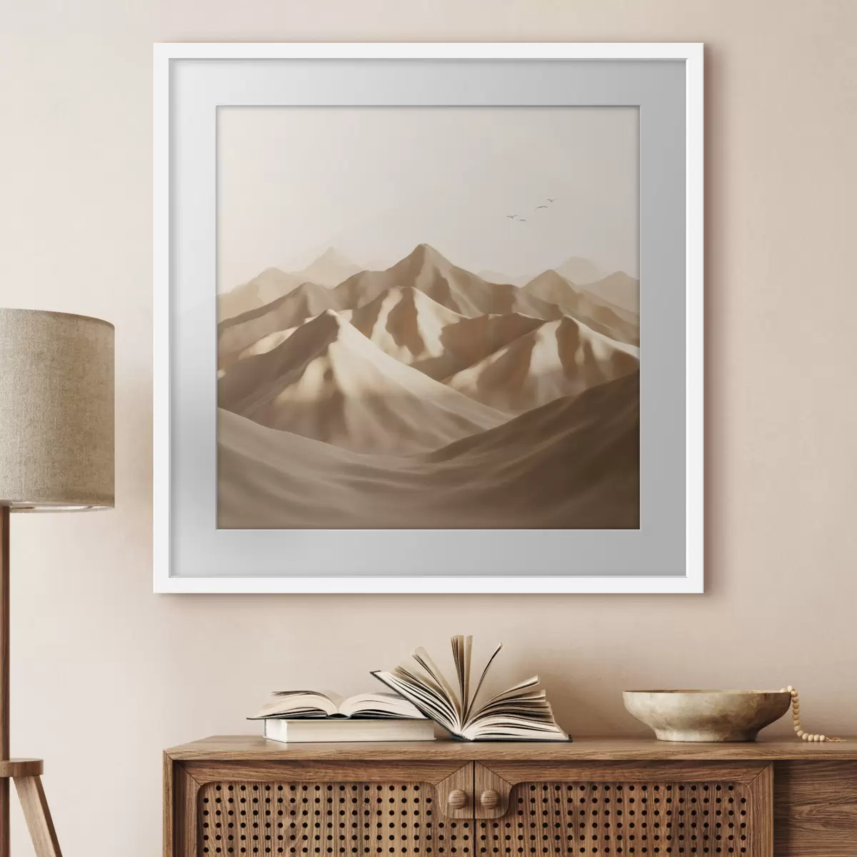 Poster Dune de nisip abstracte cu siluete de păsări în nuanțe pastelate f49729