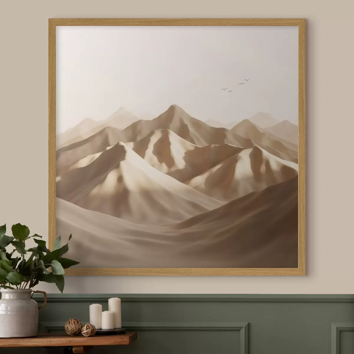 Poster Dune de nisip abstracte cu siluete de păsări în nuanțe pastelate f49729