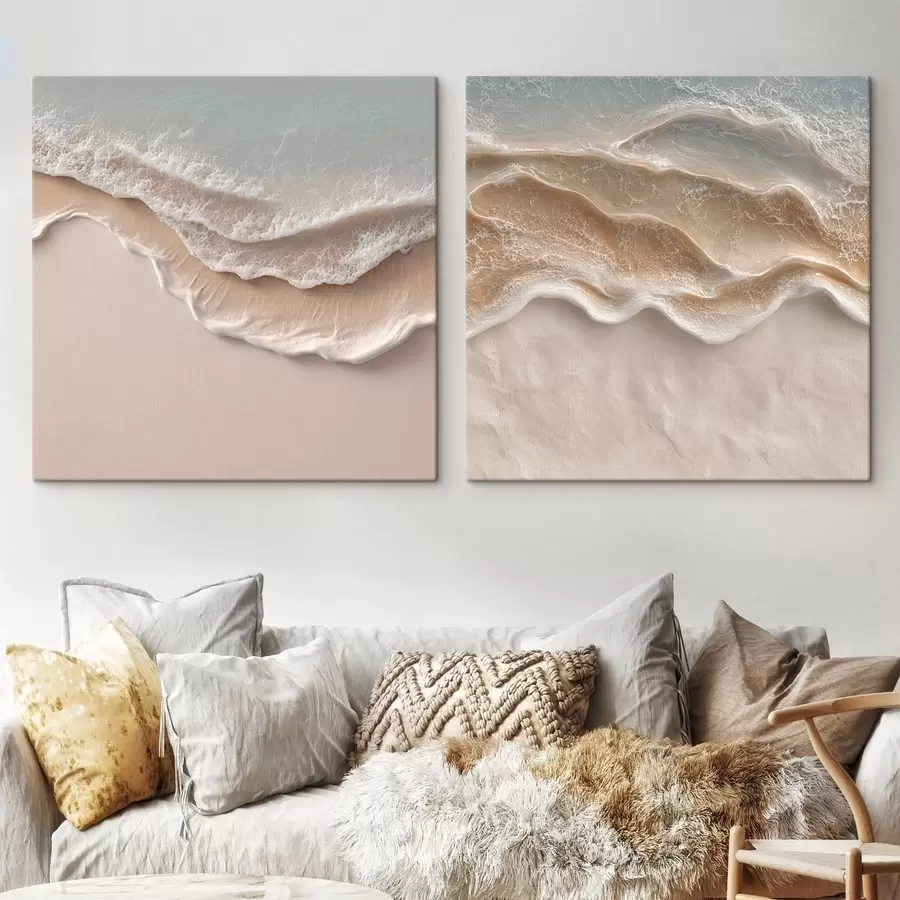 Tablouri Valuri oceanice abstracte, cu spumă albă și nisip fin, în nuanțe pastelate m30651