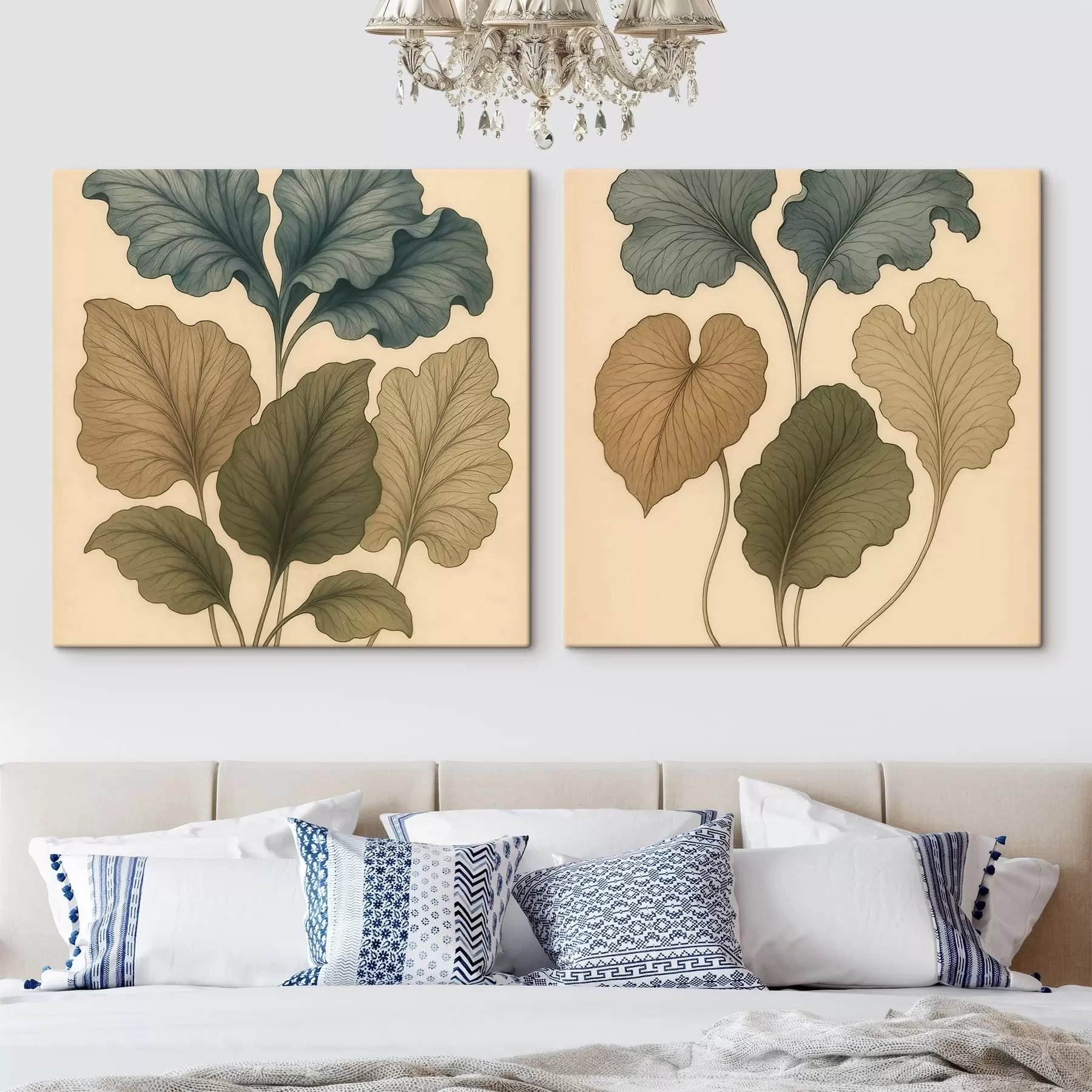 Tablouri Diptych botanic cu frunze texturate, în nuanțe discrete, în stilul ilustrațiilor retro m30654
