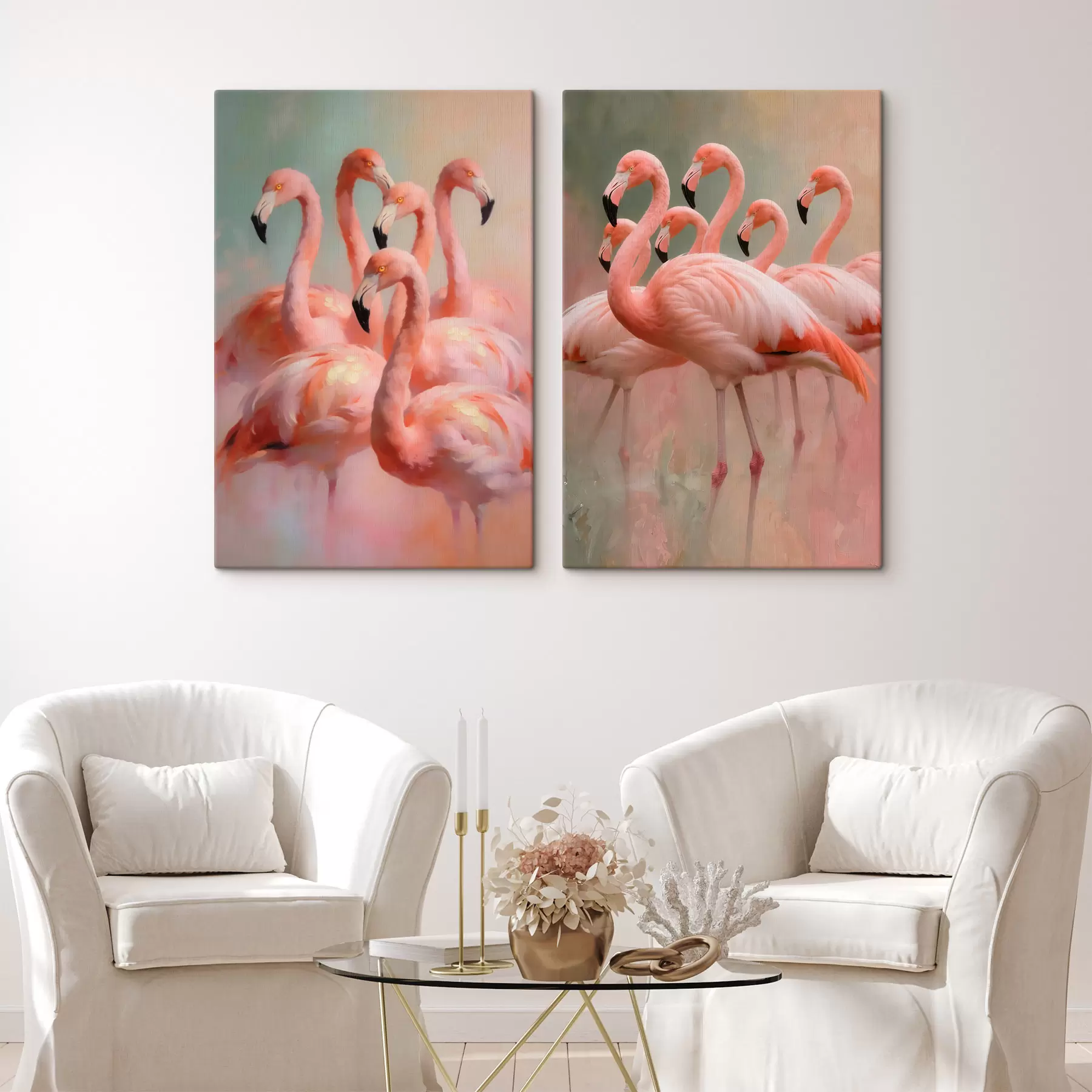 Tablouri Compoziție cu un stol de flamingo pe un fundal estompat, în stilul picturii contemporane m30658