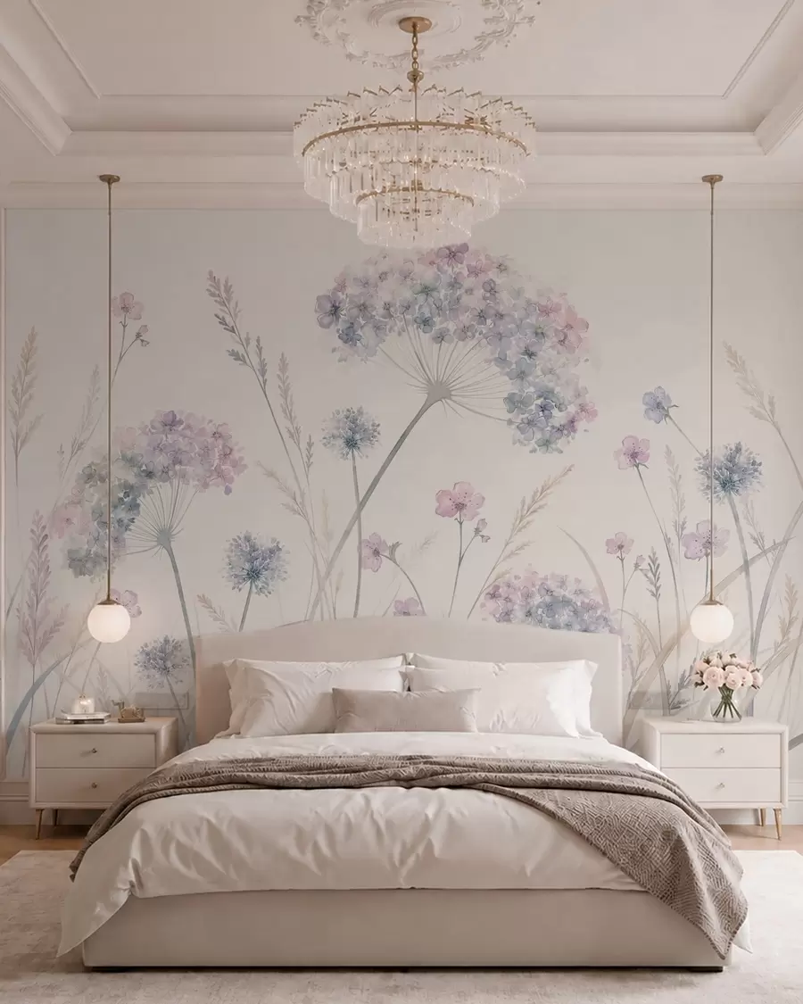 fototapet Flori de câmp în nuanțe delicate de albastru și liliac w05731