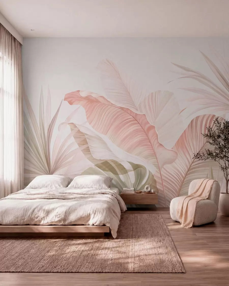 fototapet Frunze tropicale delicate, în nuanțe pastelate w05810