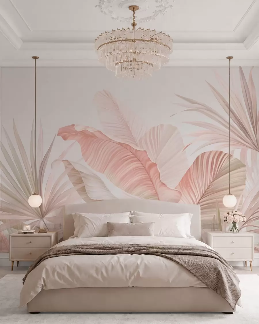 fototapet Frunze tropicale delicate, în nuanțe pastelate w05810
