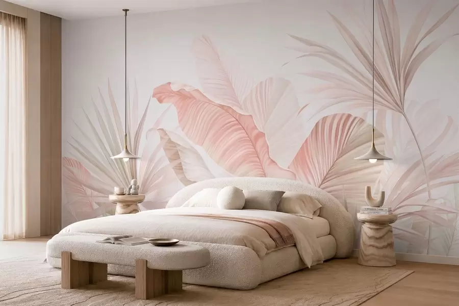 fototapet Frunze tropicale delicate, în nuanțe pastelate w05810