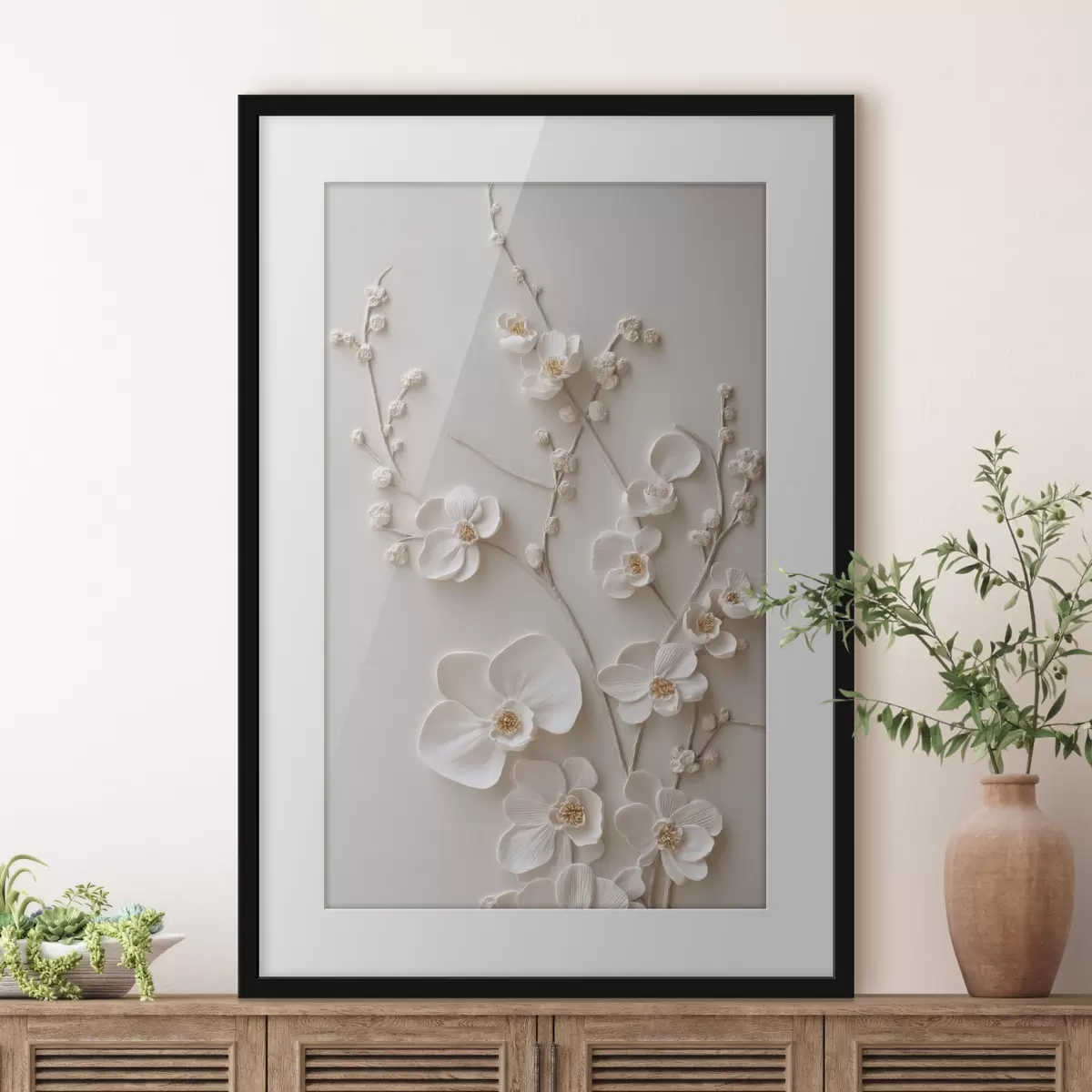 Poster Flori albe voluminoase pe ramuri delicate f49957