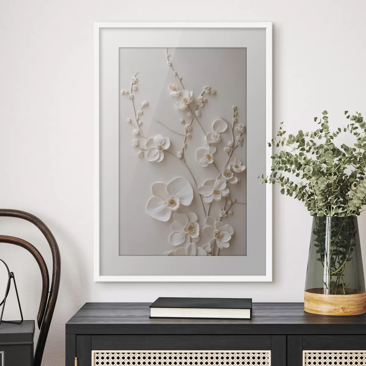 Poster Flori albe voluminoase pe ramuri delicate f49957