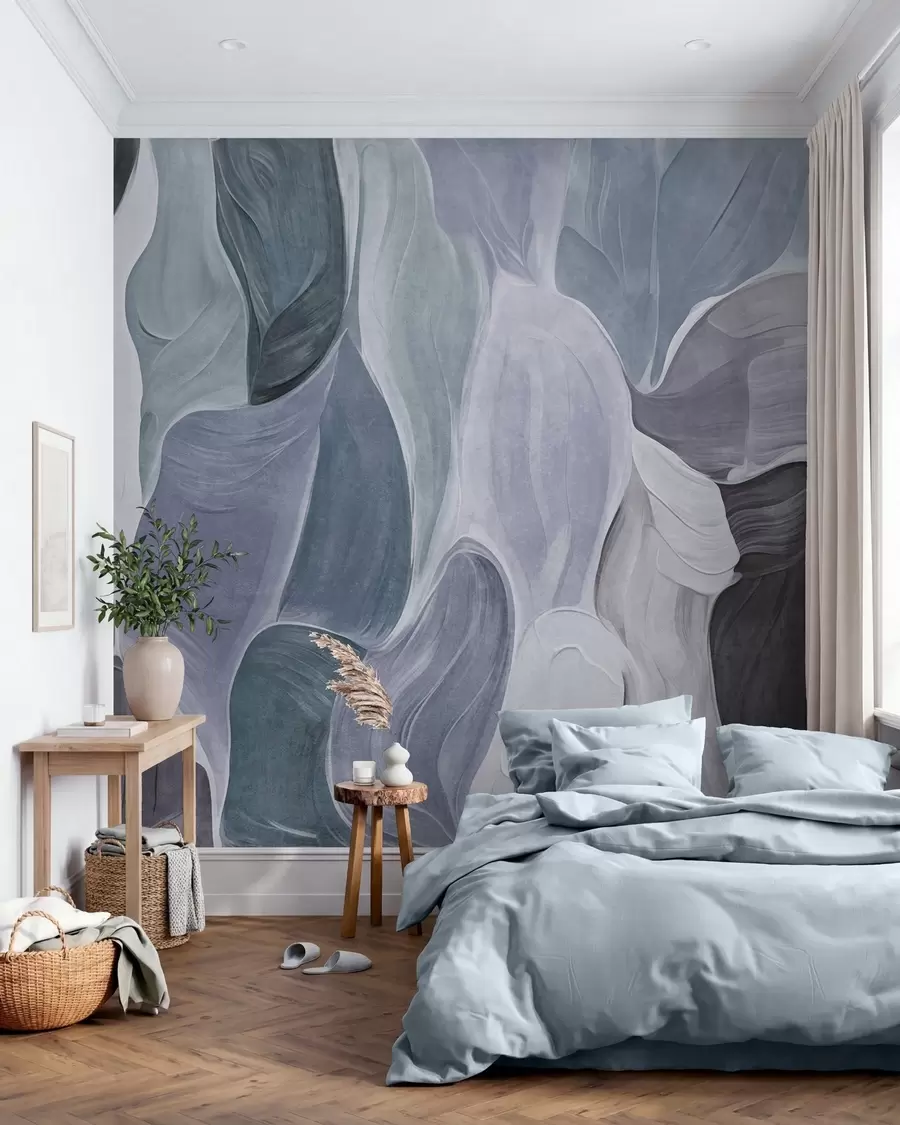 fototapet Forme abstracte în nuanțe discrete de albastru și gri, imitație de tușe de pensulă w09908v1