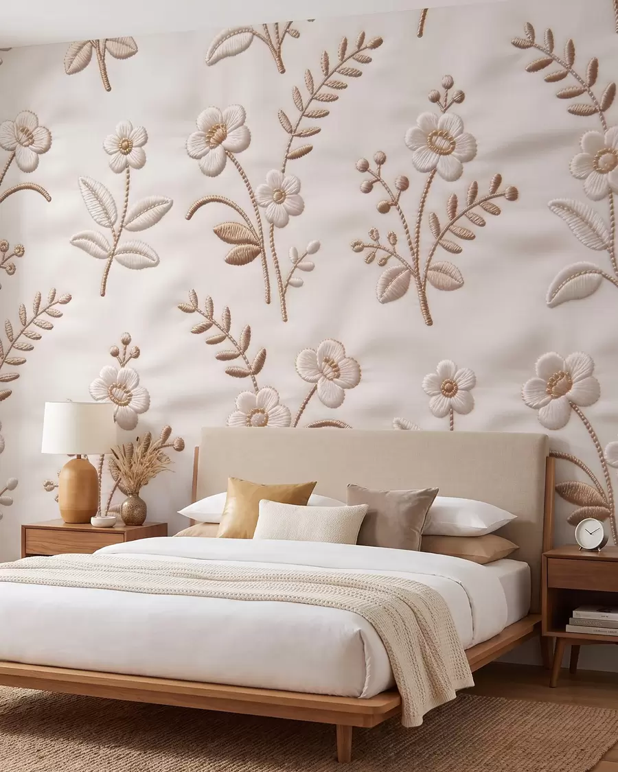 fototapet Model floral brodat imitație cu fir galben pe țesătură w09953