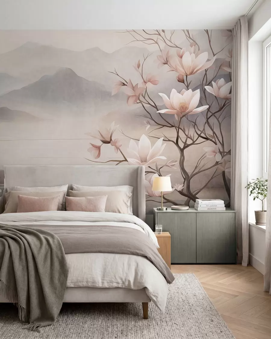 fototapet Munți și ramuri de magnolie roz înflorite, peisaj cu textură w10013