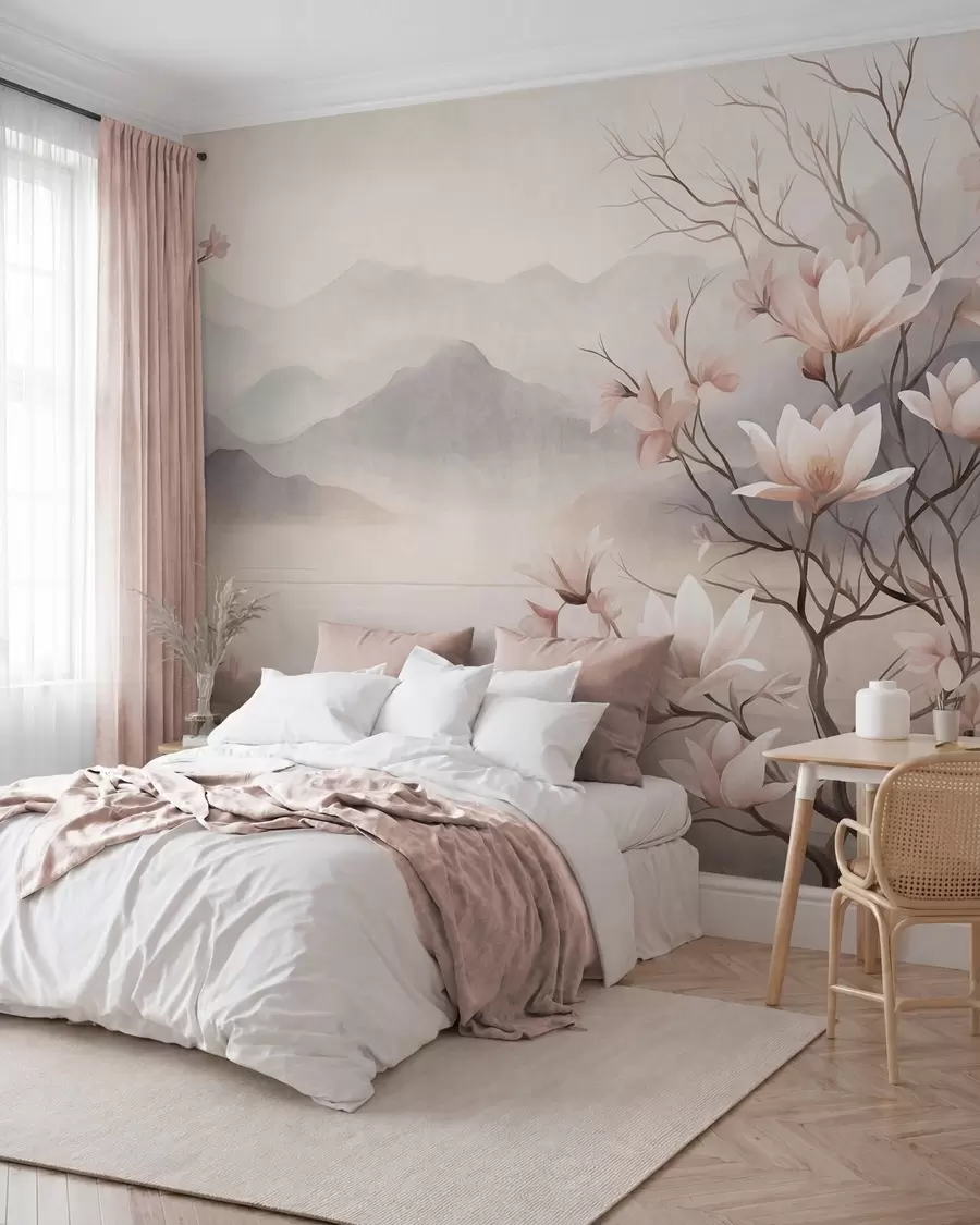 fototapet Munți și ramuri de magnolie roz înflorite, peisaj cu textură w10013