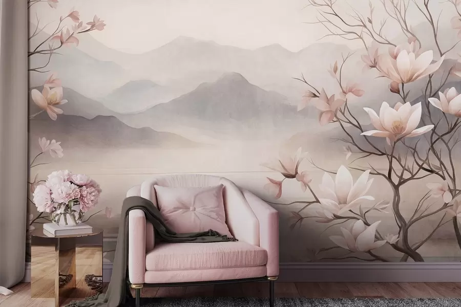 fototapet Munți și ramuri de magnolie roz înflorite, peisaj cu textură w10013