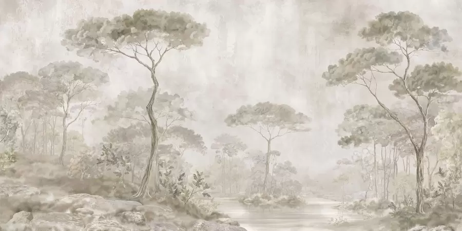 fototapet O pădure învăluită în ceață, lângă apele liniștite, în nuanțe pastelate naturale și delicate w05817