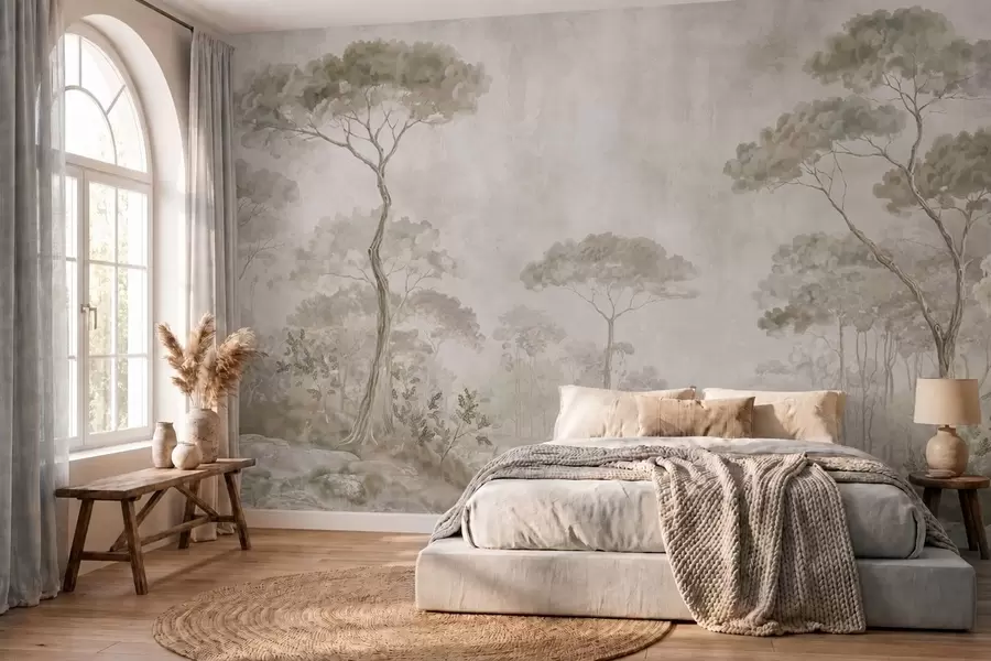 fototapet O pădure învăluită în ceață, lângă apele liniștite, în nuanțe pastelate naturale și delicate w05817