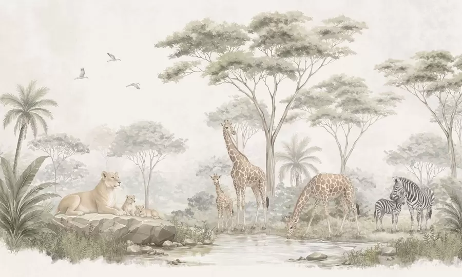 fototapet Safari cu girafe, lei, zebre și copaci tropicali w05804