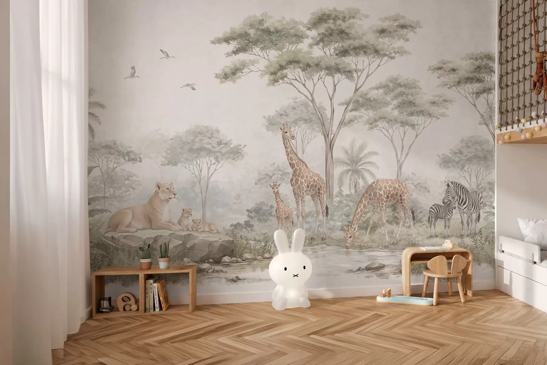 fototapet Safari cu girafe, lei, zebre și copaci tropicali w05804