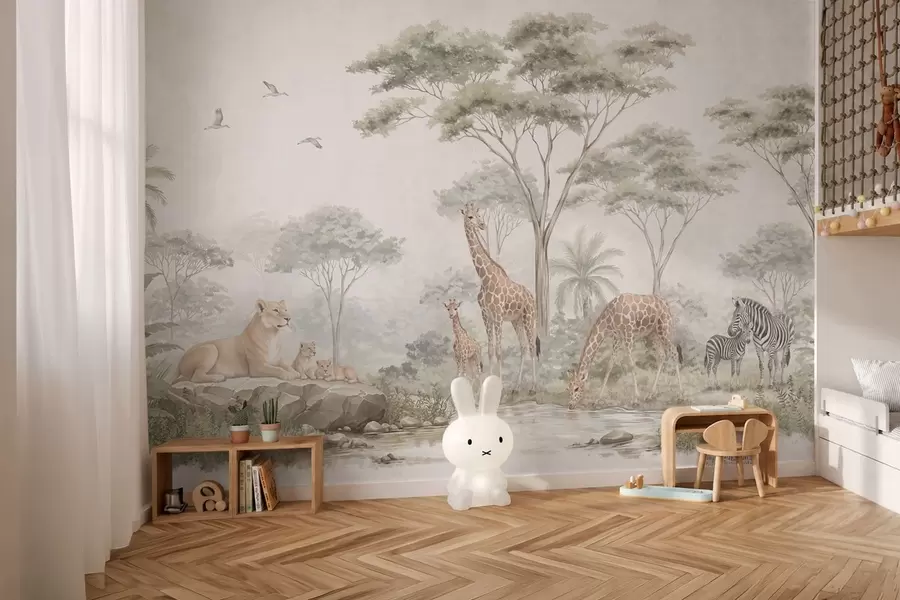 fototapet Safari cu girafe, lei, zebre și copaci tropicali w05804