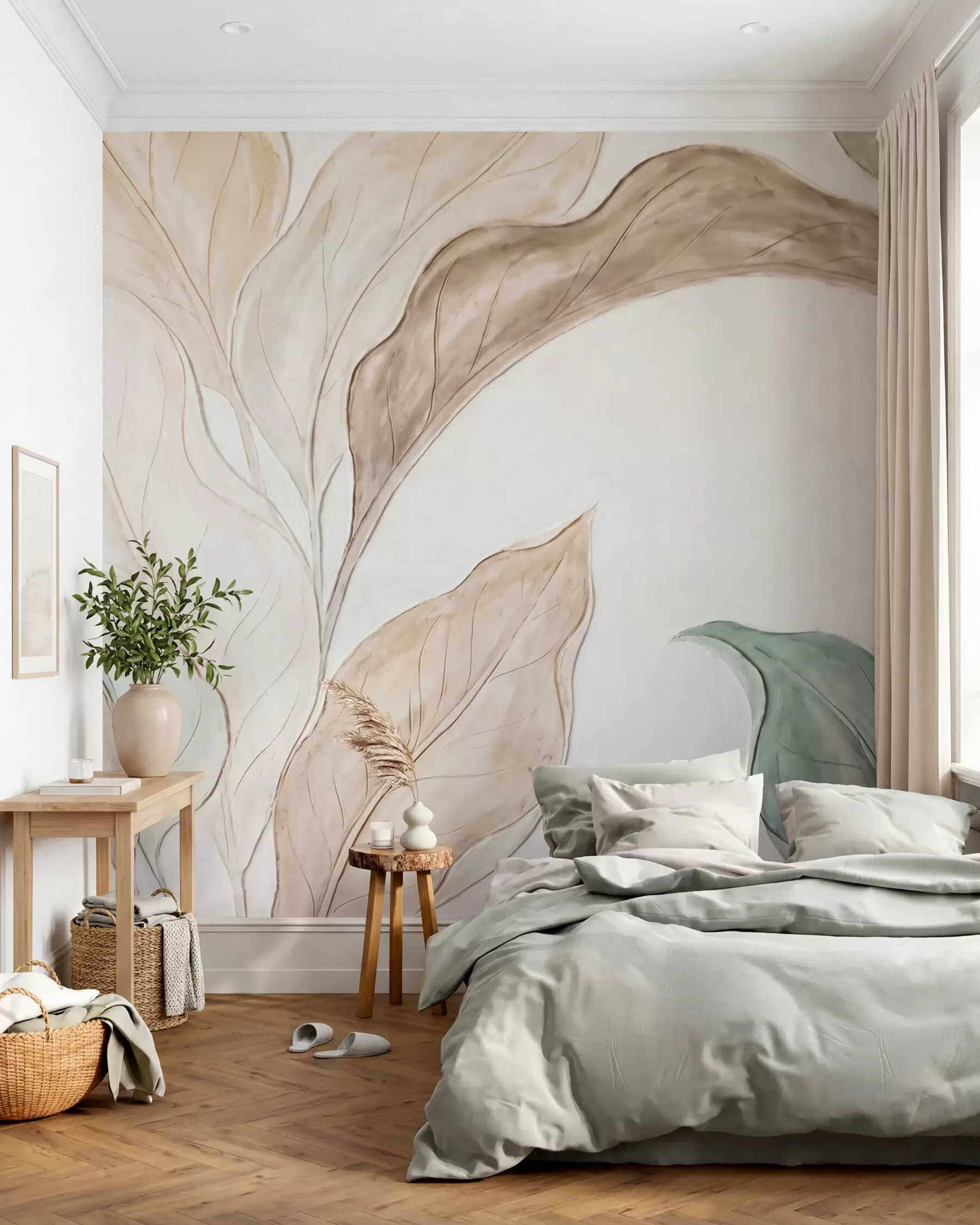 fototapet Imitare a unor frunze delicate, de culoare bej-verde, realizate prin turnare în relief w09991