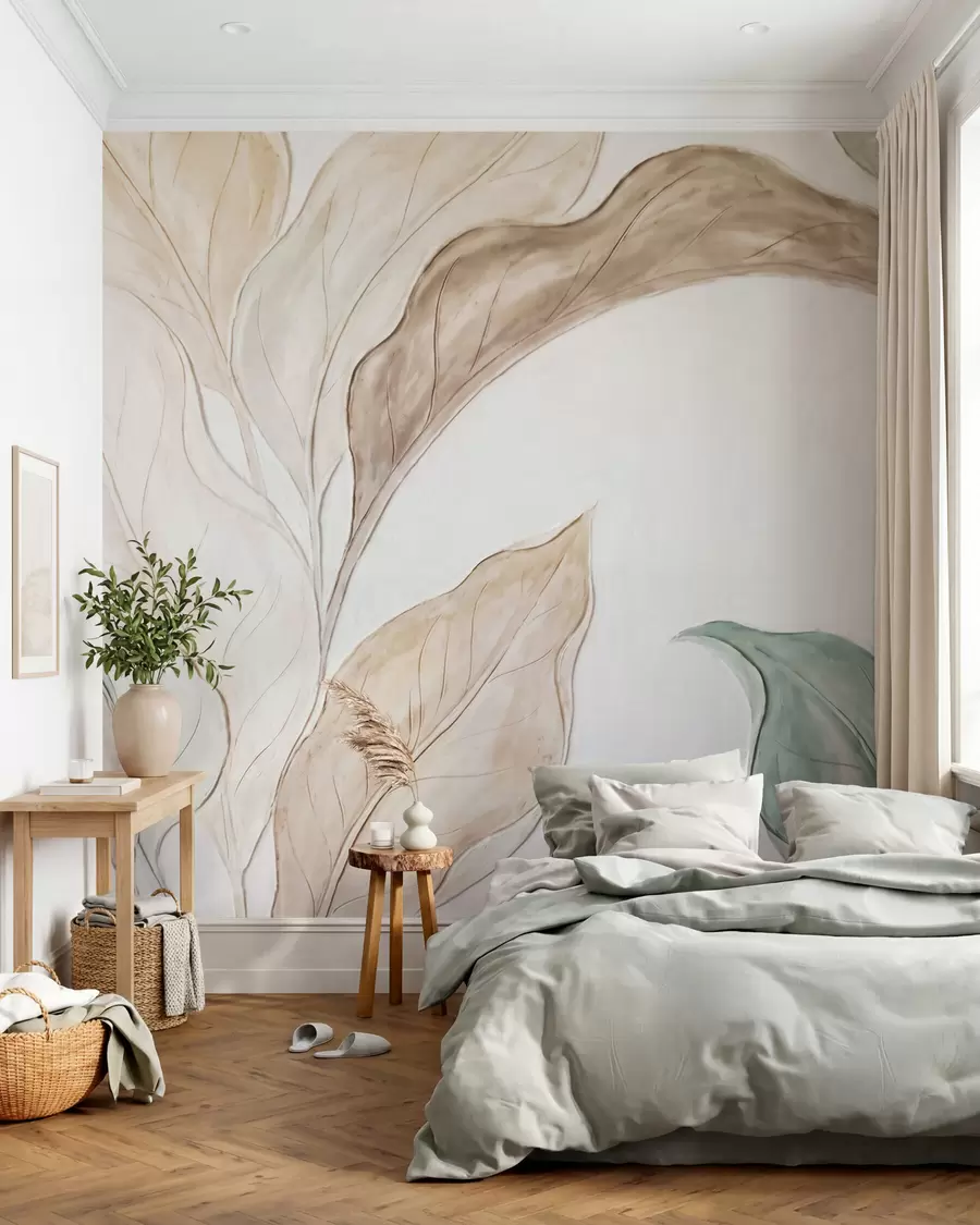 fototapet Imitare a unor frunze delicate, de culoare bej-verde, realizate prin turnare în relief w09991