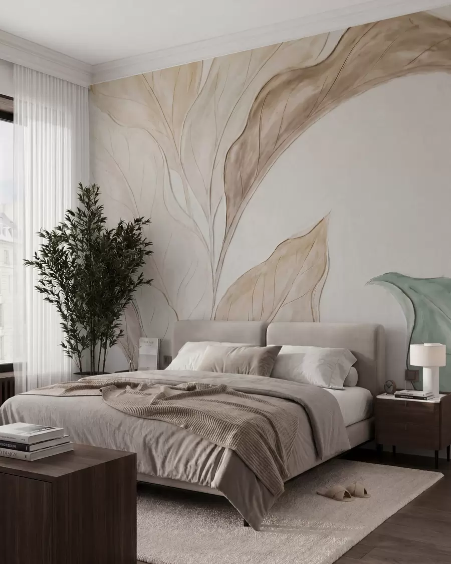 fototapet Imitare a unor frunze delicate, de culoare bej-verde, realizate prin turnare în relief w09991