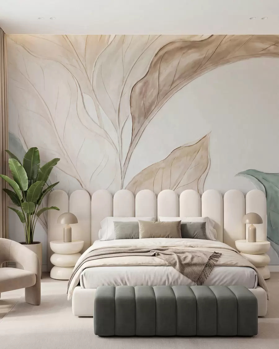 fototapet Imitare a unor frunze delicate, de culoare bej-verde, realizate prin turnare în relief w09991