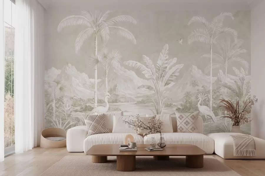fototapet Peisaj tropical luminos, cu palmieri, păsări și munți w05819v1