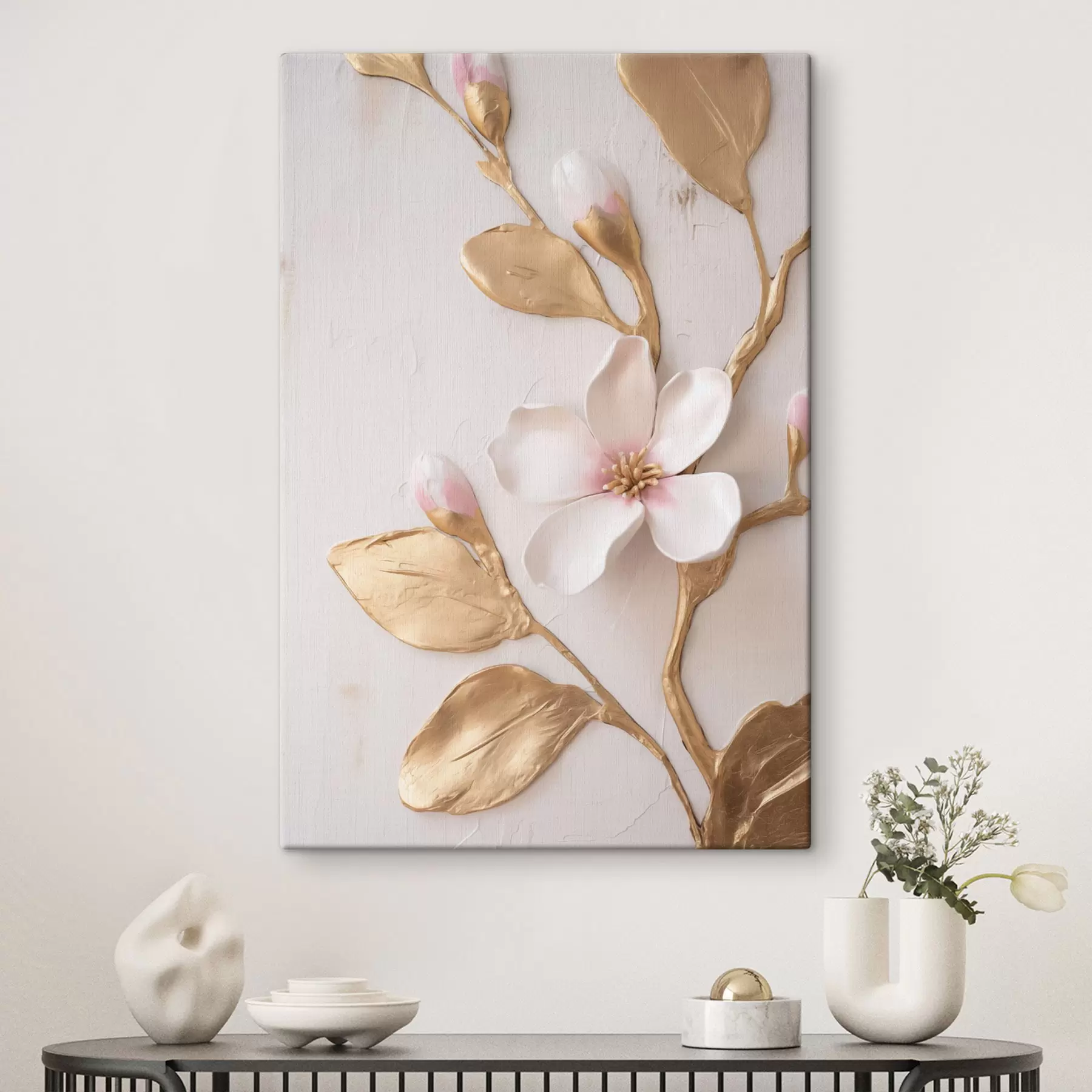 Tablouri Flori de magnolie de un roz delicat, cu textură, cu accente galbene s50231