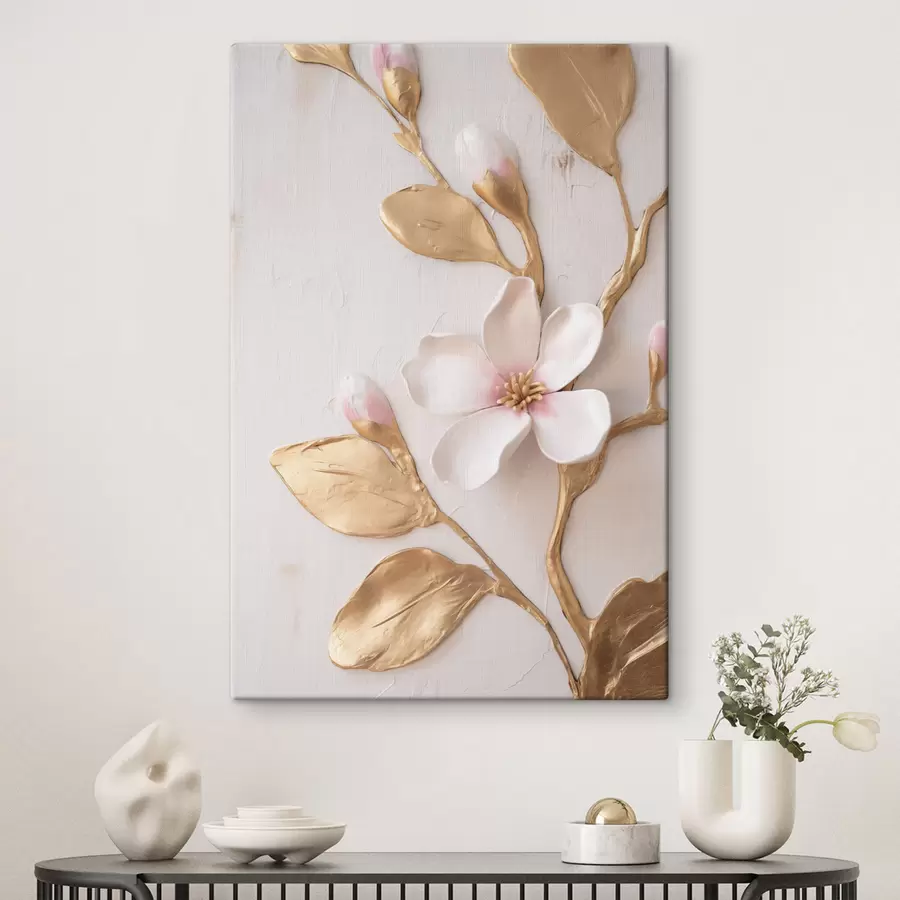Tablouri Flori de magnolie de un roz delicat, cu textură, cu accente galbene s50231