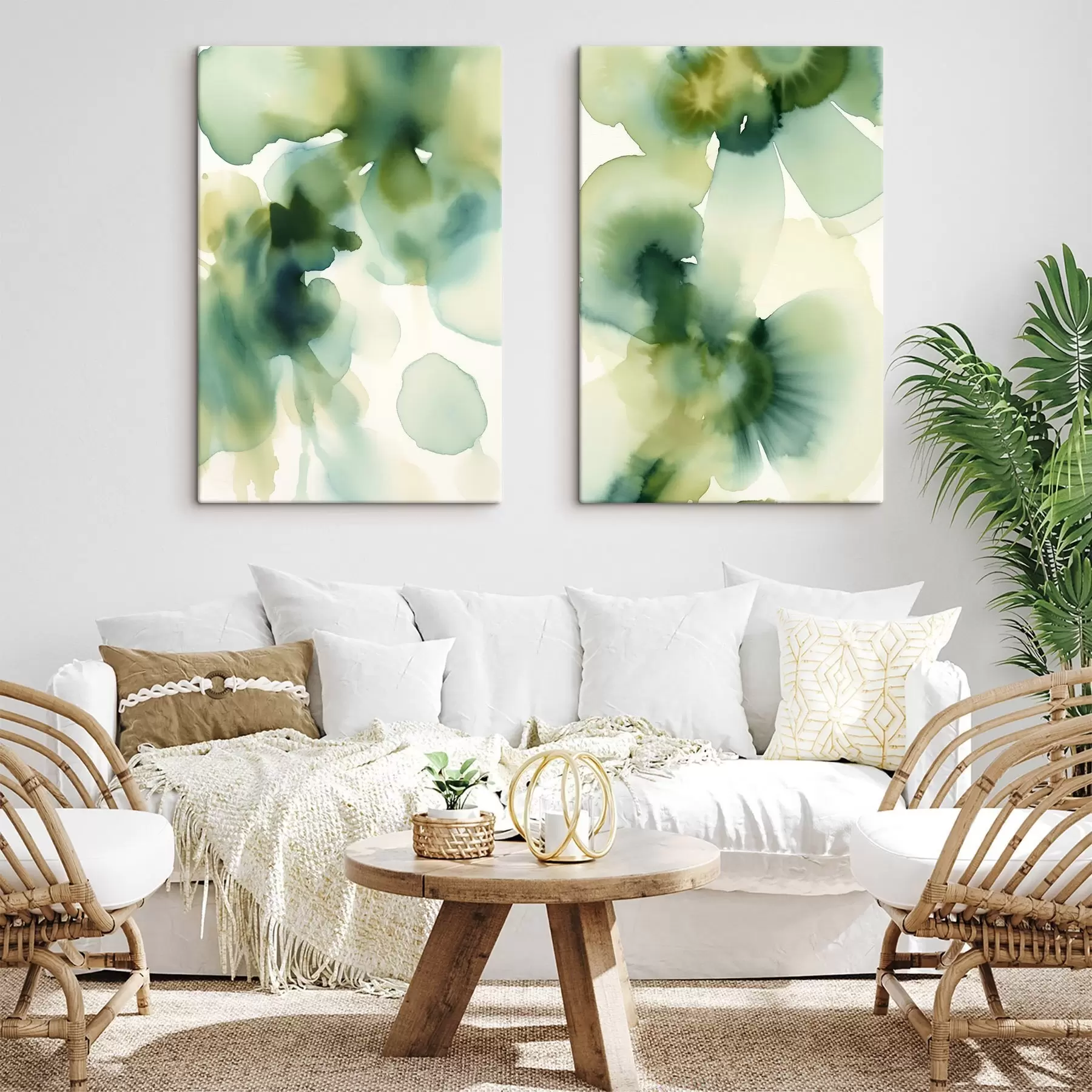 Tablouri Pictură în acuarelă în stil abstract, cu forme curgătoare în nuanțe de verde m30836