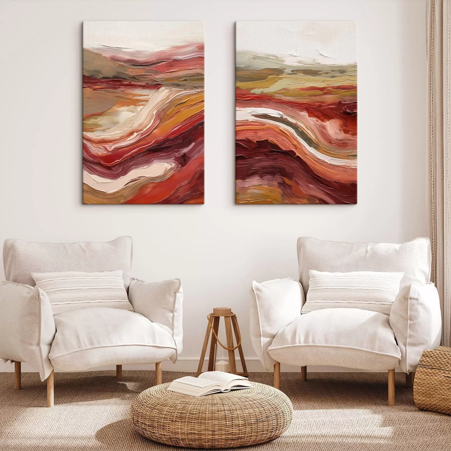 Tablouri Peisaj abstract cu straturi texturate de roșu, portocaliu și bej m30841