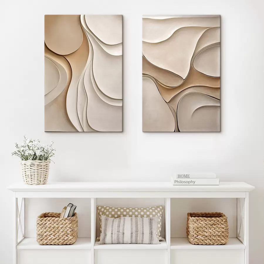 Tablouri Forme abstracte, fluide și organice, în nuanțe neutre de bej și crem, artă cu textură m30845